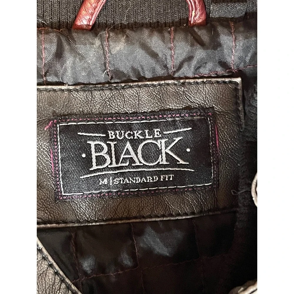 Buckle Black Mens Faux Leather Moto Racer Jacket Gray Burgundy Trim Medium